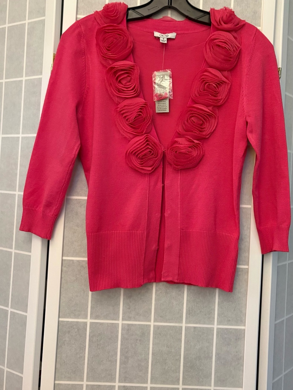Cache Bright Pink Rosette Trim V-Neck Cardigan